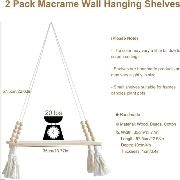 Artilady 2 Pack Wooden Wall Hanging Shelves - Macrame Hanging Plant Shelf with Tassel,Boho Storage Floating Shelves Handmade Rustic Hanger Planter Rack Pot Stand Holder