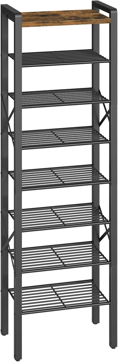 8-Tier Narrow Shoe Rack, Tall Shoe Rack for 8-16 Pairs, Slim Shoe Storage Organizer with Wooden Top, Space Saving, Metal Frame, for Entryway, Rustic Brown and Black SS608BR