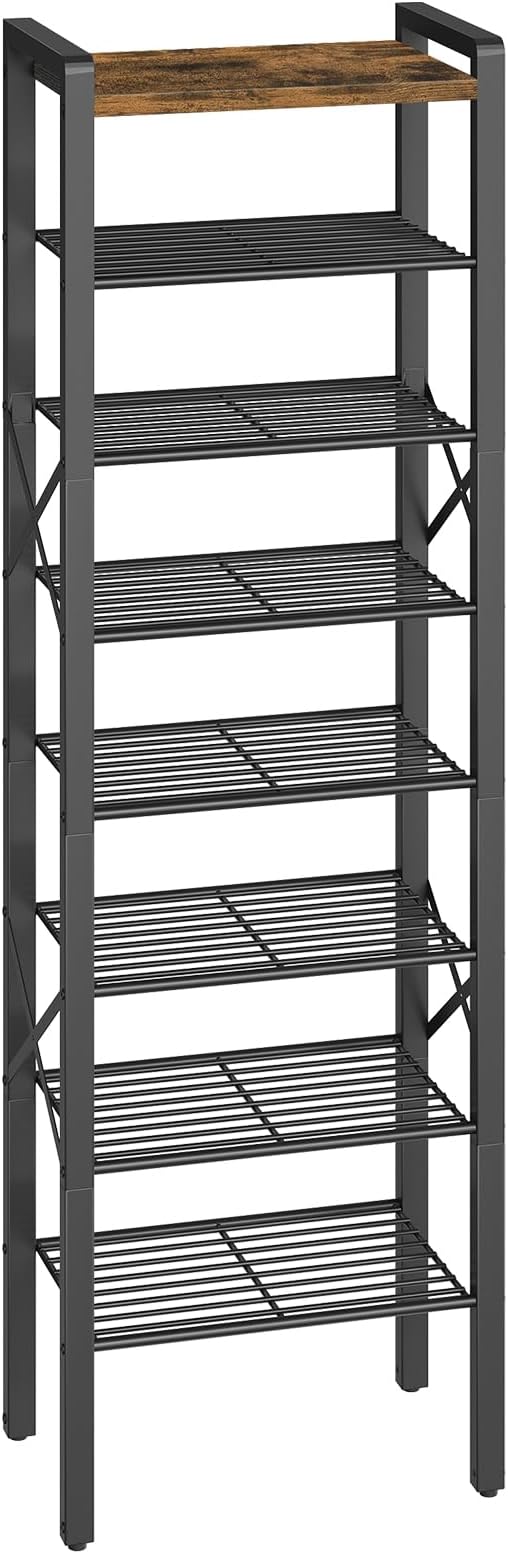 8-Tier Narrow Shoe Rack, Tall Shoe Rack for 8-16 Pairs, Slim Shoe Storage Organizer with Wooden Top, Space Saving, Metal Frame, for Entryway, Rustic Brown and Black SS608BR