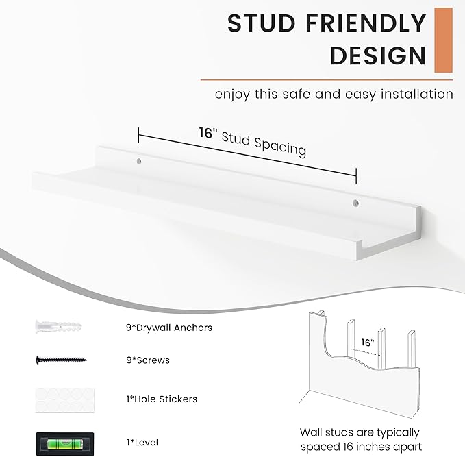 Picture Ledge Shelf, Floating Shelves Set of 4, 24 Inches Long Large Nursery Book Shelves for Toys Storage, Kids Bookshelf Wall Mounted for Living Room Bedroom Decor Books Photo Frames, White