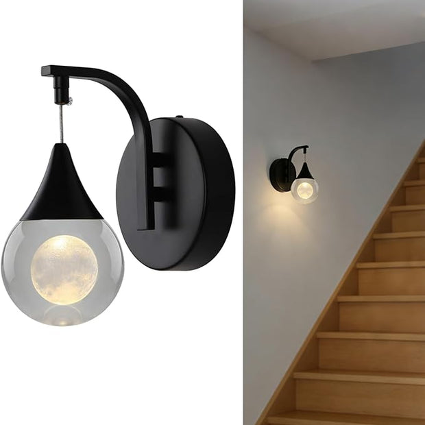 Modern Wall Sconces, Moon Crystal Wall Sconce Indoor, 5W Dimmable LED Sconce Wall Lighting for Bedroom Bedside Bathroom Living Room Hallway Staircase, Black