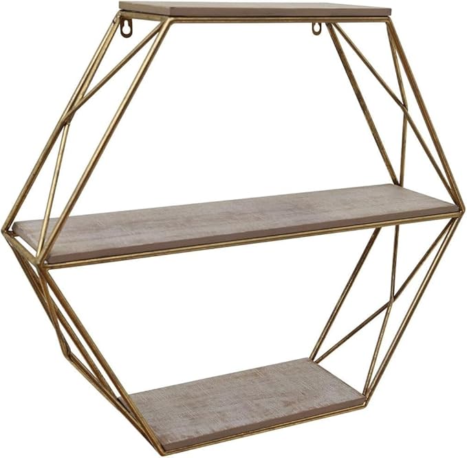 Geometric Decorative Wall Shelf with Gold Finish – 3-Tier Metal & Wood Home Decor Floating Display Shelf – Modern Wall Shelves for Bathroom, Bedroom & Living Room – 24"