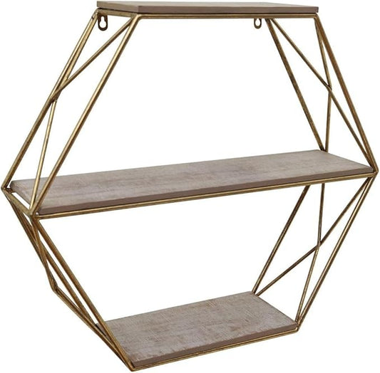 Geometric Decorative Wall Shelf with Gold Finish – 3-Tier Metal & Wood Home Decor Floating Display Shelf – Modern Wall Shelves for Bathroom, Bedroom & Living Room – 24"