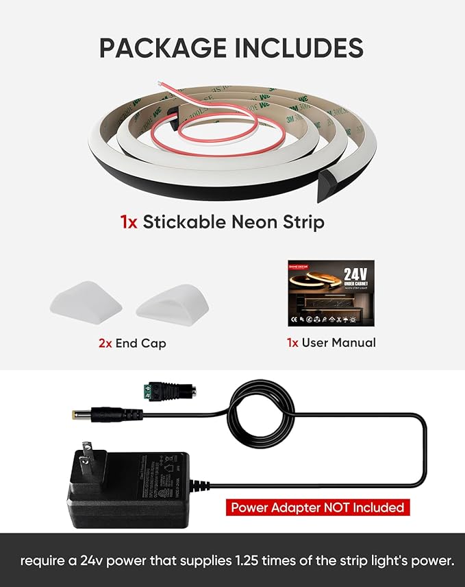 Shine Decor Under Cabinet Lighting Strip, Free Cuttable LED Silicone Neon Rope Hardwired 24V Anti-Glare Bright Cozy 1824 Lumen for Indoor, Adhesive Black Shell 2700K Warm 96” UL Certified, No Adapter