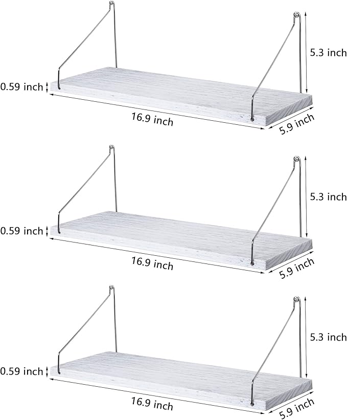 MITIME Floating Shelves Set of 3 Rustic Solid Wood Floating Shelf Wall Storage Shelves for Living Room, Bedroom, Bathroom, Kitchen Laundry, Office,no Drill Shelf(Grey and White Colour L+L+L)