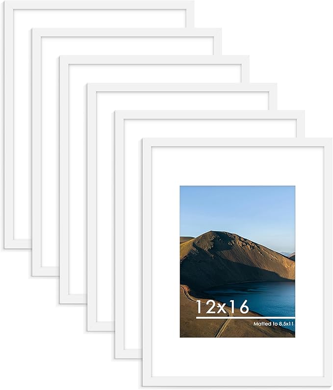 PEALSN 12x16 Picture Frame Set of 6, Display Pictures 8.5x11 with Mat or 12x16 without Mat for Wall Mounting Display, Photo Frames Collage for Wall Decor, White.