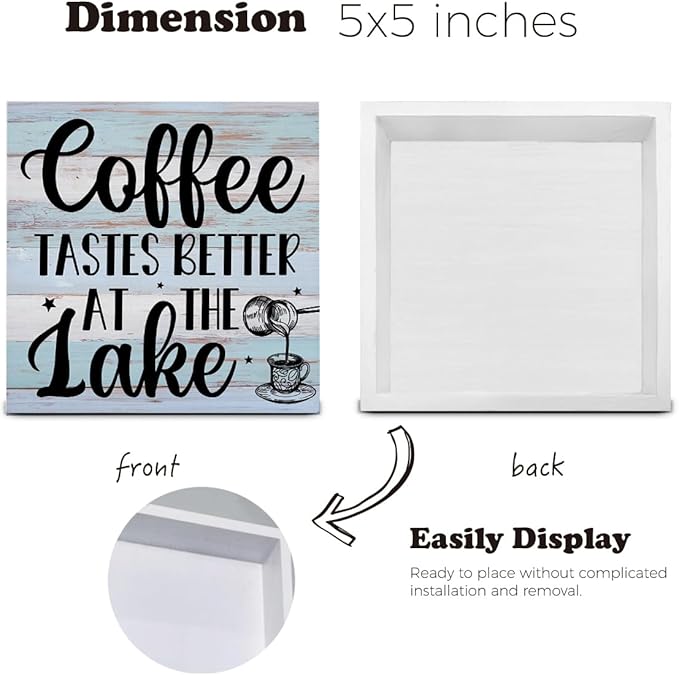 Lake House Decor, Coffee Tastes Better at the Lake Wood Sign Decoration for Home Coffee Bar Kitchen Desk Shelf Table 5 X 5 Inch