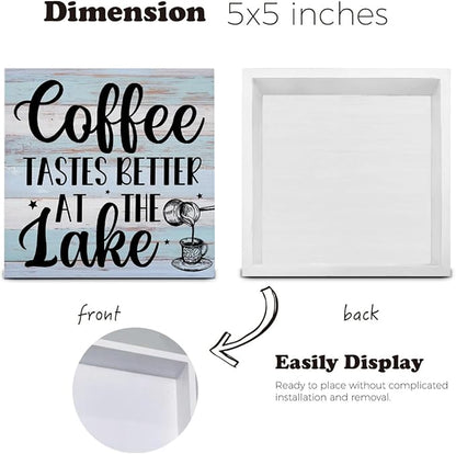 Lake House Decor, Coffee Tastes Better at the Lake Wood Sign Decoration for Home Coffee Bar Kitchen Desk Shelf Table 5 X 5 Inch
