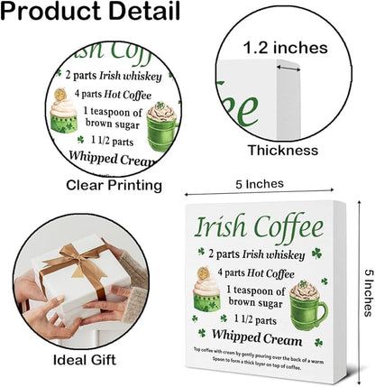 St Patricks Day Decor - Irish Gifts - St. Patrick's Day Decorations Coffee Bar Wooden Sign Home Kitchen Coffee Bar Desk Table Shelf Decor - 5 x 5 Inches