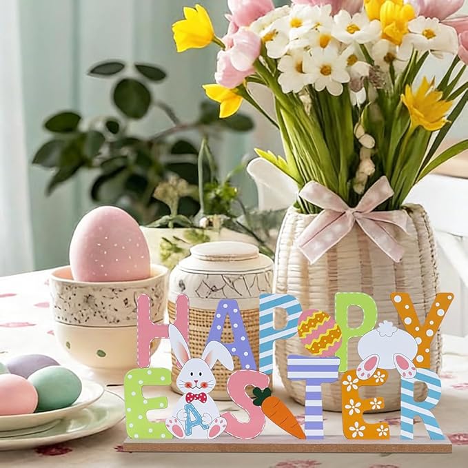 Easter Decorations, MEETYAMOR Wood Metal Happy Easter Sign for Table Decor, Farmhouse Rustic Easter Bunny Decorations for Home, Living Room, Mantel, Shelf