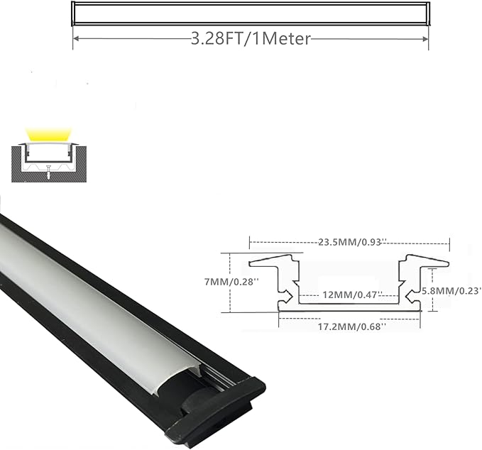 10-Pack 3.3FT/1M LED Strip Aluminum Channel Diffuser,Collar Shape Tape Light Under Cabinet Floating Shelf Alcove Recessed 25X7MM Matte Black Anodized Track, Milky Cover Concave Slot Profile