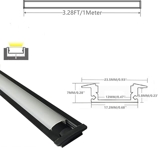 10-Pack 3.3FT/1M LED Strip Aluminum Channel Diffuser,Collar Shape Tape Light Under Cabinet Floating Shelf Alcove Recessed 25X7MM Matte Black Anodized Track, Milky Cover Concave Slot Profile
