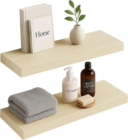 INHABIT UNION White Oak Floating Shelves for Wall, 24 in Wall Mounted Shelves Perfect for Bedroom, Bathroom, Living Room and Kitchen Decoration Storage（Set of 2）