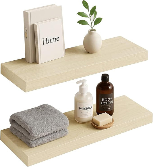 INHABIT UNION White Oak Floating Shelves for Wall, 24 in Wall Mounted Shelves Perfect for Bedroom, Bathroom, Living Room and Kitchen Decoration Storage（Set of 2）