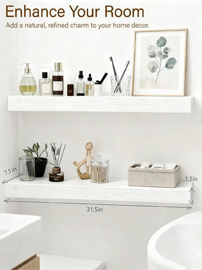 Solid Wood Floating Shelves,31.5in Finished Real Wood Wall Shelves with Heavy-Duty Hidden Bracket, Easy Installation, Set of 2, 31.5in x 7.1in x 1.5in, for Living Room Bedroom Kitchen,White