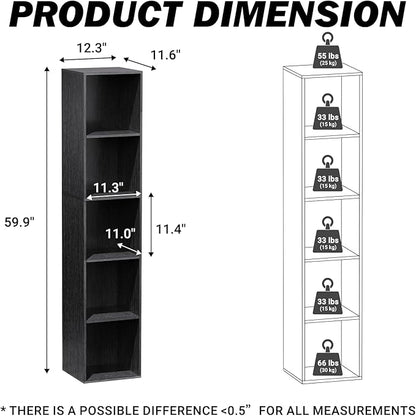 5 Cube Storage Organizer, 5 Tier Cube Low Bookcase Freestanding Storage Display Organizer, Five-Cubes Open Shelf Bookshelf for Home Office (Black, 5-Cube)