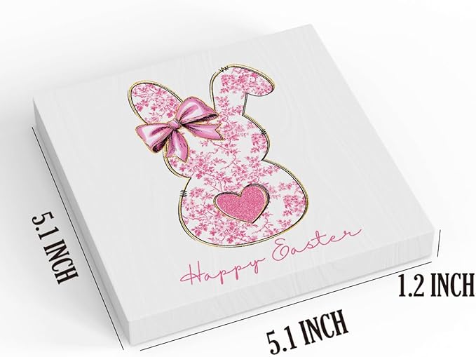 Pink Happy Easter Sign Easter Table Decor Bow Bunny Decor Blue And White Chinoiserie Decor Wooden Box Sign for Home Office Bedroom Living Room Desk Shelves