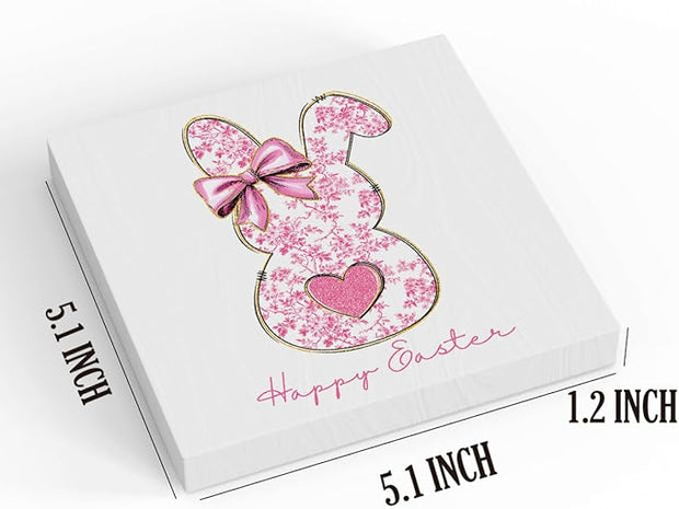 Pink Happy Easter Sign Easter Table Decor Bow Bunny Decor Blue And White Chinoiserie Decor Wooden Box Sign for Home Office Bedroom Living Room Desk Shelves