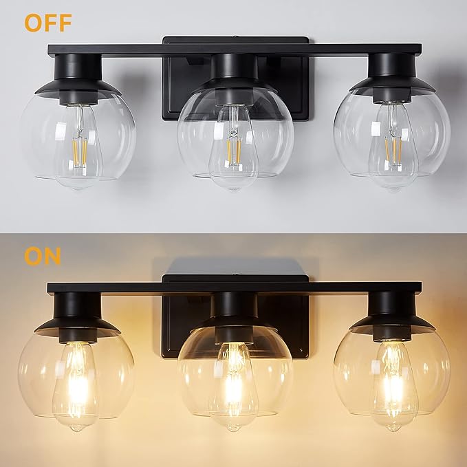 3-Lights Black Bathroom Vanity Lights, Modern Bathroom Lighting Fixtures with Globe Glass Shade, 22in Matte Black Wall lamp for Bath Over Mirror Kitchen Cabinet Living room Hallway Bedroom Porch