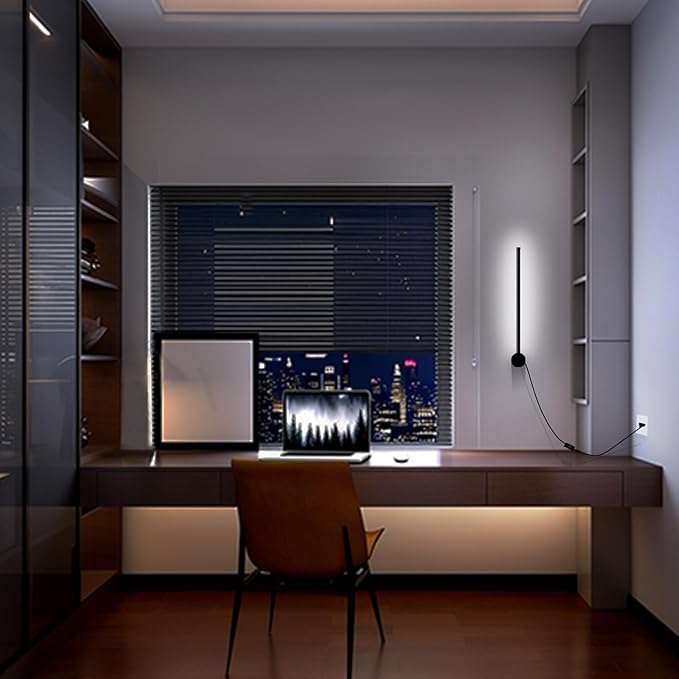 Kawell 19.7 Inch Rotatable LED Wall Sconce 12W Plug in Wall Light Bar with Switch Modern Black Linear Lamp for Bedroom Living Room Office, Cold White