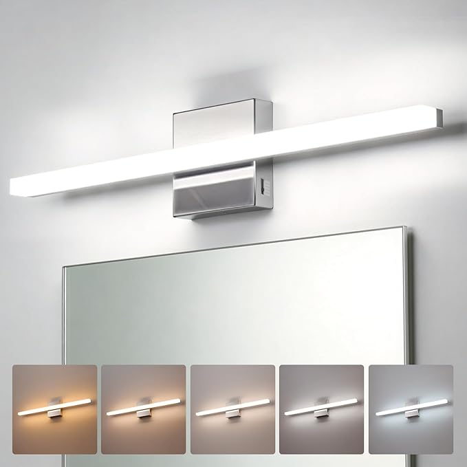 Combuh 24 Inch Chrome Vanity Light Fixtures for Mirror Long Led Bars for Bathroom, Modern No Glare 5 Color Adjustable Easy Install Rustproof Simple Slim Lighting Bright for Powder Room