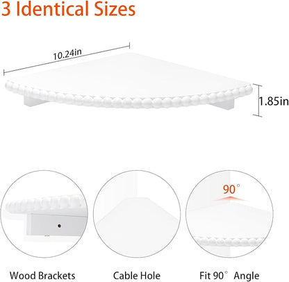Lamapggio Corner Floating Shelves with Double Support Brackets, 3 Pack Wood Wall Mount Round Display Shelf for Bedroom, Living Room, Bathroom