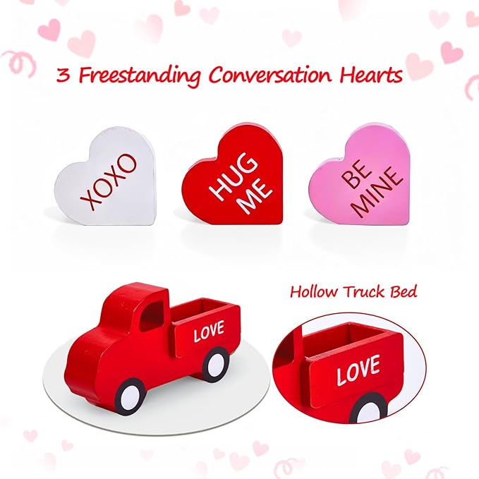 AKEROCK Valentines Day Decorations, Valentines Day Decor - Wooden Valentine Sign & Red Truck & 3 Heart Decor for Table, Tiered Tray, Office Desk, Mantel, Valentine Decorations for Home