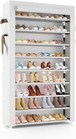 Shoe Rack with Cover Narrow Shoe Organizer with Pockets 10 Tier Tall Shoe Storage Holds 36-41 Pairs Shoes and Boots Shoe Rack for Closet Entryway Garage, White