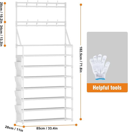 OYREL Shoe Rack 7 Tier Sturdy Shoe Racks for Closet Shoes Organizer for 28-35 Pairs Large Capacity Shoe Storage Rack with Multifunctional 5 Hooks and Side Pocket for Entrance Entryway