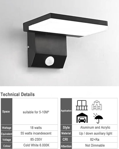2Pack Wired Motion Sensor Outdoor Lights Fixtures LED 18W Modern Exterior Porch Lights Wall Sconce Light for Patio Doorway Garage Matt Black Square Cool White 6000K