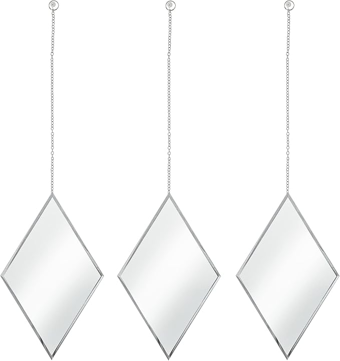 Accent Mirrors - Small Diamond Shape Decorative Mirror Wall Decor 3 Piece Set with Silver Chain