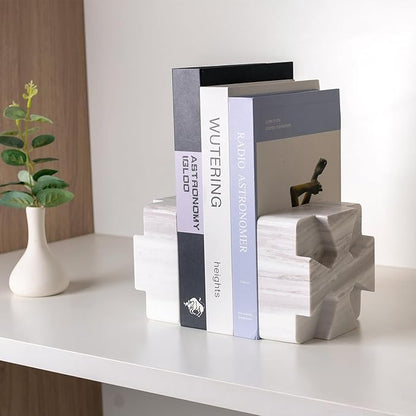 Decorative Square Marble Bookends for Heavy Books – Unique Book Ends for Shelves – Modern Aesthetic Book Holder/Stopper with Non-Slip Pads for Chic Home, Office, or Library Decor, Volakas