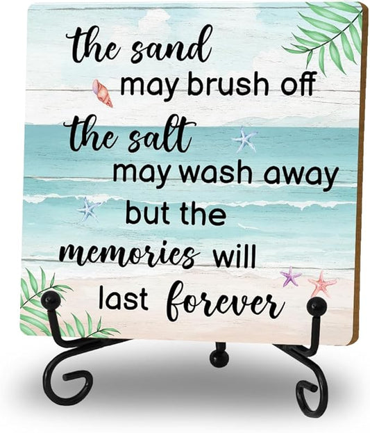 Beach Wooden Sign Desk Decor Wood Plaque with Support Stand, Coastal Decor Beach Summer Decorations for Home Office Porch Beachy Room Shelf Desk Accessories, Summer Vacation Gifts for Women Men Friend
