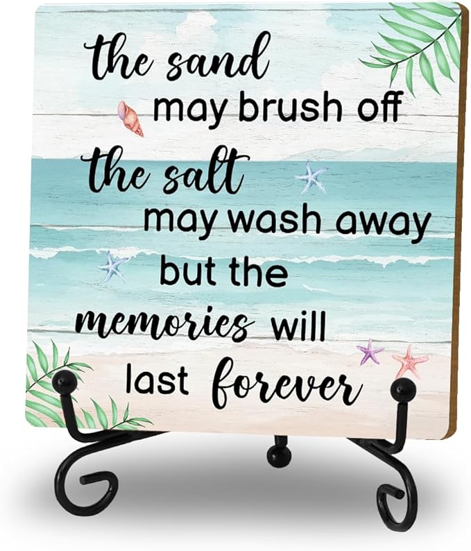 Beach Wooden Sign Desk Decor Wood Plaque with Support Stand, Coastal Decor Beach Summer Decorations for Home Office Porch Beachy Room Shelf Desk Accessories, Summer Vacation Gifts for Women Men Friend