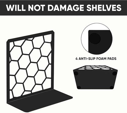GEOMOD Geometric Honeycomb Black Metal Bookends Decorative - Tall Sturdy Book Ends for Shelves - Modern Heavy Duty Bookend Stopper - Office or Home Book Shelf Book Holder - 6x3.25x6.25 Inches - 2 Pair
