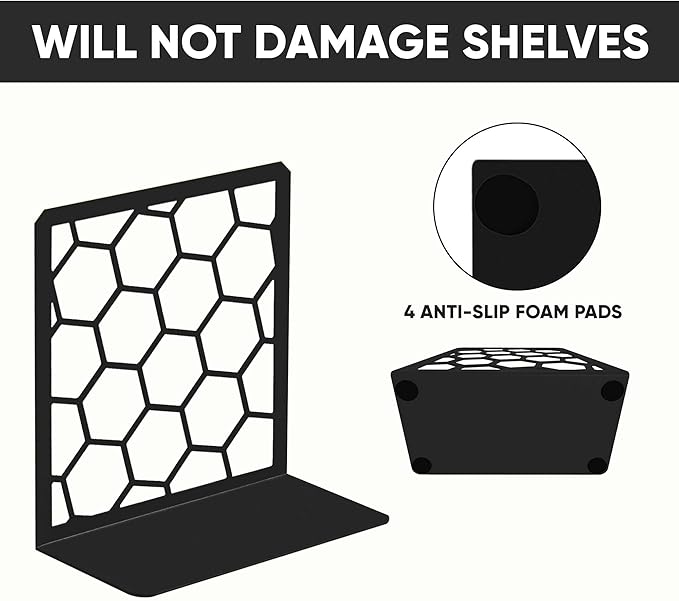 GEOMOD Geometric Honeycomb Black Metal Bookends Decorative - Tall Sturdy Book Ends for Shelves - Modern Heavy Duty Bookend Stopper - Office or Home Book Shelf Book Holder - 6x3.25x6.25 Inches - 1 Pair
