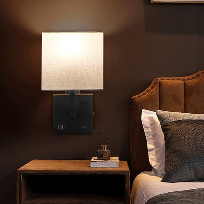 AVV Wall Sconce Lighting, Bedside Wall Mount Light with USB Port, AC Outlet and 3 Color 2700K/4000K/5000K Selectable, Fabric Linen Shade, Wall Lamps for Bedroom Living Room Hotel, Hardwire, Black, 2PK