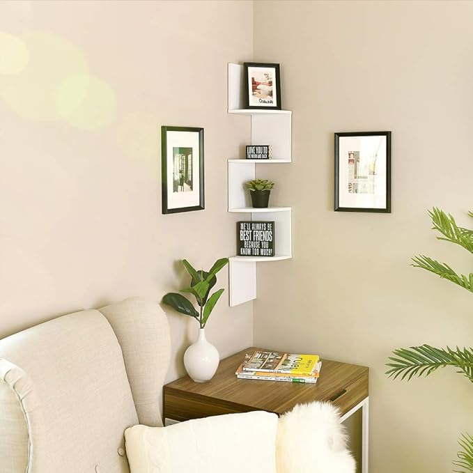 WELLAND White Finished Floating Shelf,Zig Zag 4 Tiers Corner Wall Mounted Shelf
