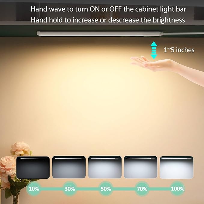 Under Cabinet Light 16 Inch Plug in 110VAC. Hand Wave Activated. 8W LED Light Bar. Bright but Dimmable. Light Color Adjustable. For Kitchen Under Cabinets, Counter, Over Sink Closet Workbench