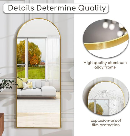 Arched Full Length Mirror, 64 "x 21" Floor Length Mirror with Stand, Wall Mounted Mirrors, Standing Mirrors with Aluminum Alloy Frame, Freestanding, Wall-Mounted or Leaning(Gold)