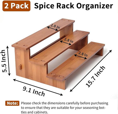 JinDoWin Cabinet Spice Organizer, Spice Organization for Cabinet, 3 Tier Spice Rack Organizer for Cabinet, Seasoning Organizer & Seasoning Rack, Kitchen Cabinet Organizer (2, Dark Bamboo)