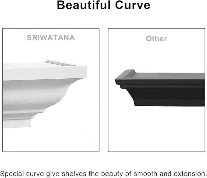 SRIWATANA White Floating Shelves, 24 Inch Solid Wood Storage Wall Shelves Set of 4 Display Ledge Shelves Decor for Bedroom, Living Room, Bathroom, Kitchen - White