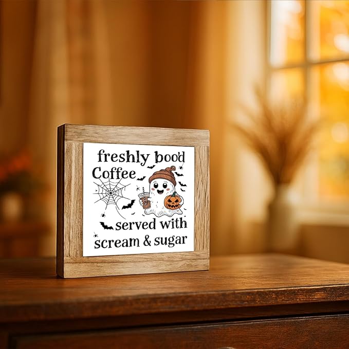 Halloween Coffee Decor, Fall Decors Art, Funny Wooden Box Sign for Home Kitchen Decor, Freshly Boo'd Coffee Sign, Coffees Bar Decoration for Desk Table, Funny Ghost Decors 5.9x5.9 inches