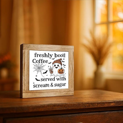 Halloween Coffee Decor, Fall Decors Art, Funny Wooden Box Sign for Home Kitchen Decor, Freshly Boo'd Coffee Sign, Coffees Bar Decoration for Desk Table, Funny Ghost Decors 5.9x5.9 inches
