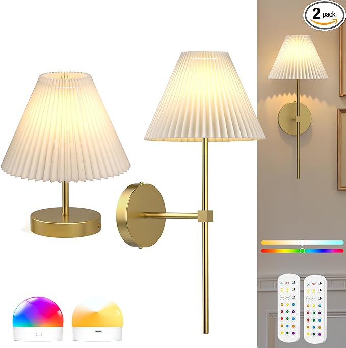 Battery Operated Wall Sconces Set of 2,Gold Rechargeable Wall Lights with Remote,3000mAh Dimmable 3 Timer Magnetic Bulbs,Indoor Wireless Lamps for Bedroom Living Room Hallway Bathroom