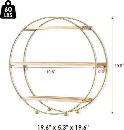 Joveco Round Wall Shelf Gold, 3 Tier Metal & Wood Circle Shelf Set, Round Shelves Wall Decor for Living Room,Bedroom,Bathroom (Gold)