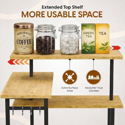 3-Tier Bamboo Corner Countertop Organizer with Extended Top Tier – Kitchen Counter Shelf for Small Spaces, Coffee Bar Organizer, Spice Rack, Bathroom Counter Storage, Space Saver