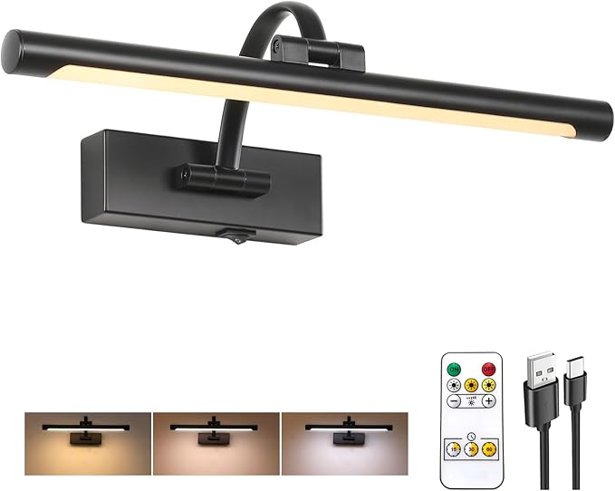 Wireless Battery Operated Picture Light,Rechargeable Wall Light with Remote and Timer,15.75 Inch Black Dimmable Painting Light,3CCT with Adjustable Swing Arm for Display Gallery Lighting