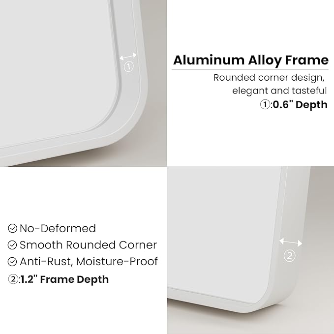 White Bathroom Mirror 20x30 Inch, White Metal Framed Bathroom Mirror for Wall, Rounded Rectangle Matte Bathroom Vanity Mirror, Tempered Glass, Anti-Rust, Horizontal/Vertical