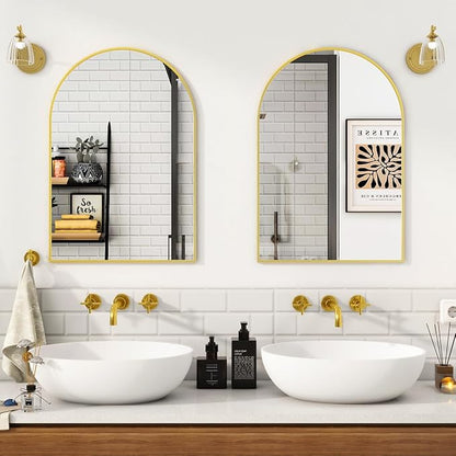 VooBang Arched Wall Mirror, 16 x 24 inch Arch Bathroom Mirror, Wall Mounted Vanity Mirror with Arch Metal Frame, Modern Bathroom Vanity Mirror for Bedroom, Living Room, Hanging or Leaning, Gold